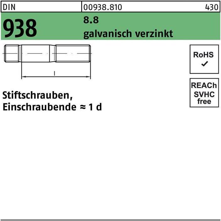 Thumbnail - Schrauben, Stiftschraube DIN 938 M 20 x 80 8.8 galvanisch verzinkt (10 Schrauben pro Stück)