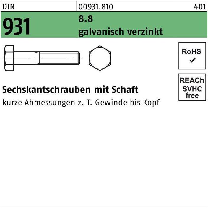 Thumbnail - Reyher, Schrauben, Sechskantschraube DIN 931 m.Schaft M 24 x 110 8.8 galvanisch verzinkt (10 Schrauben pro Stück)
