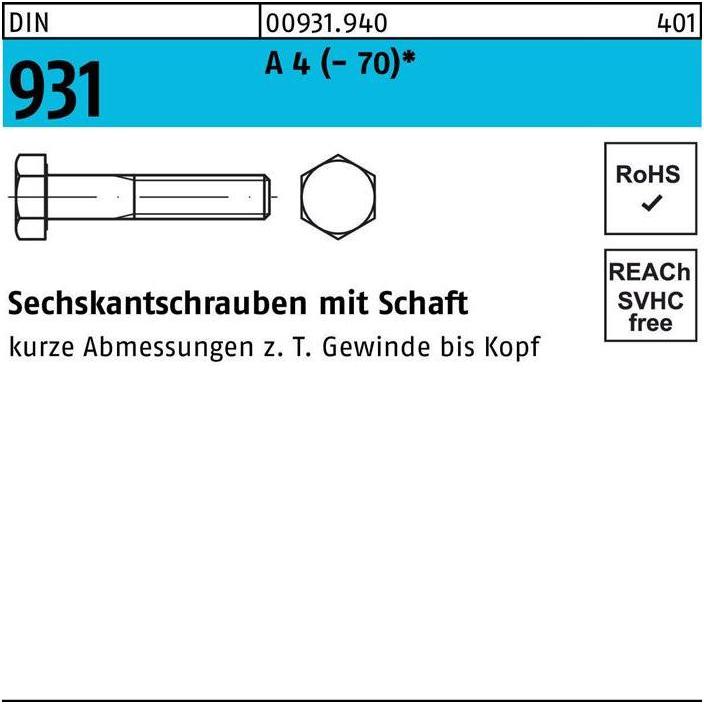 Thumbnail - Schrauben, Sechskantschraube DIN 931 m.Schaft M 20 x 110 A 4 (- 70) (1 Schrauben pro Stück)