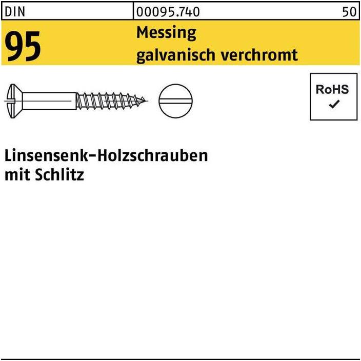 Thumbnail - Schrauben, Holzschraube DIN 95 Linsensenkkopf Schlitz 4 x 50 Messing galvanisch verchromt (200 Schrauben pro Stück)