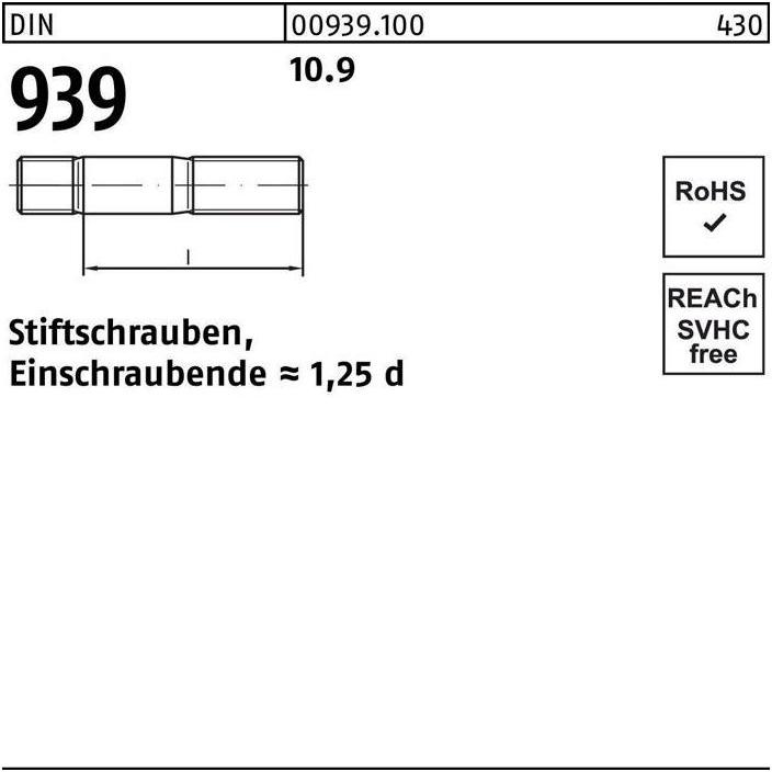 Thumbnail - Schrauben, Stiftschraube DIN 939 M 20 x 220 10.9 Einschraubende=1,25d (1 Schrauben pro Stück)