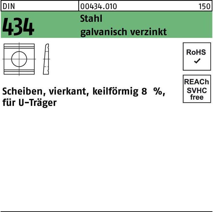 Produktbild U-Scheibe DIN 434 vierkant keilförmig 11 Stahl galvanisch verzinkt Neigung 8%