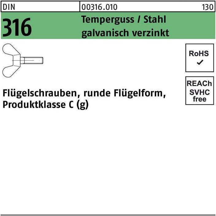 Thumbnail - Schrauben, Flügelschraube DIN 316 M 6 x 30 Temperguss/Stahl galvanisch verzinkt (100 Schrauben pro Stück)
