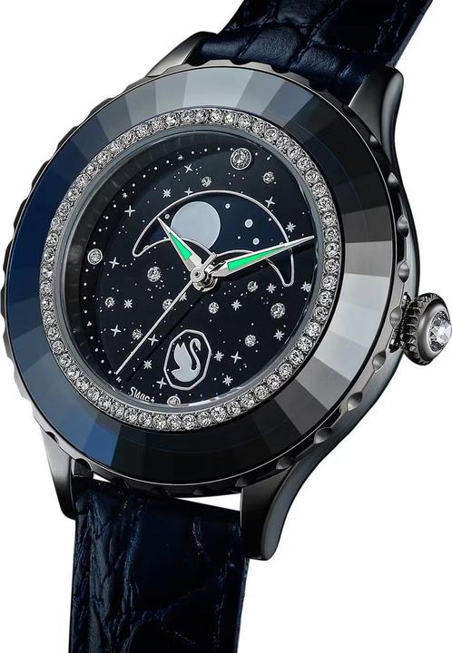 Actual product image Swarovski Octea Moon Watch Swiss Made Moon Leather strap Blue Blue finish Blue band ring (Analogue wristwatch, Swiss made, 37 mm)