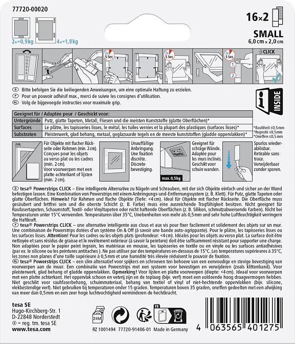 Valori nutrizionali e ingredienti tesa Powerstrips CLICK - Cuscinetti adesivi in velcro - Appendi quadri senza forare - Piccolo 1,8kg - 16 (20 mm)