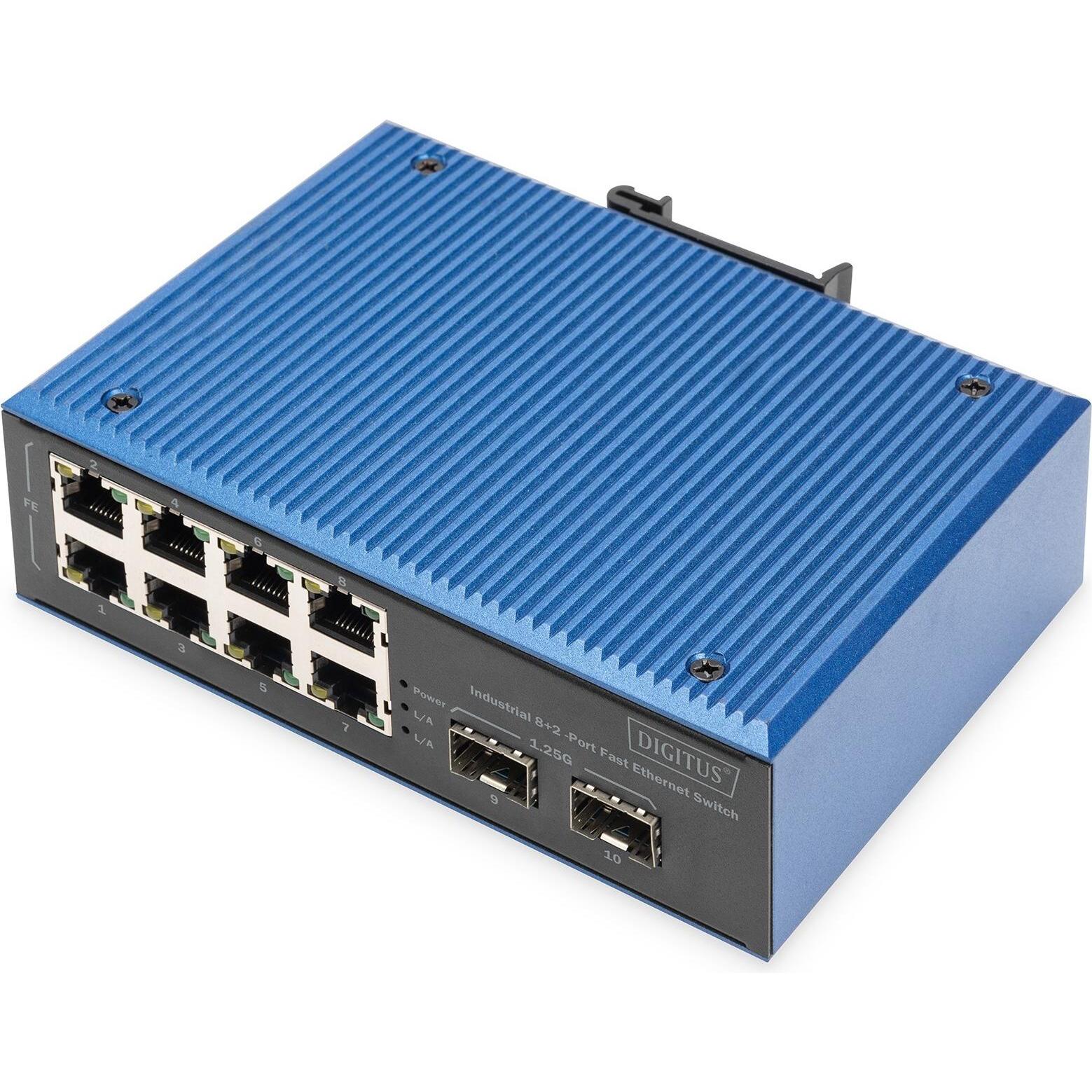 Digitus Switch Fast Ethernet industriale a 8+2 porte (10 porte), Switch di rete, Nero