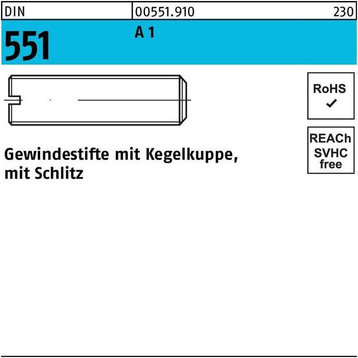 Thumbnail - Schrauben, Gewindestift DIN 551 m.Kegelkuppe/Schlitz M 6 x 8 A1 / 1.4305 (25 Schrauben pro Stück)