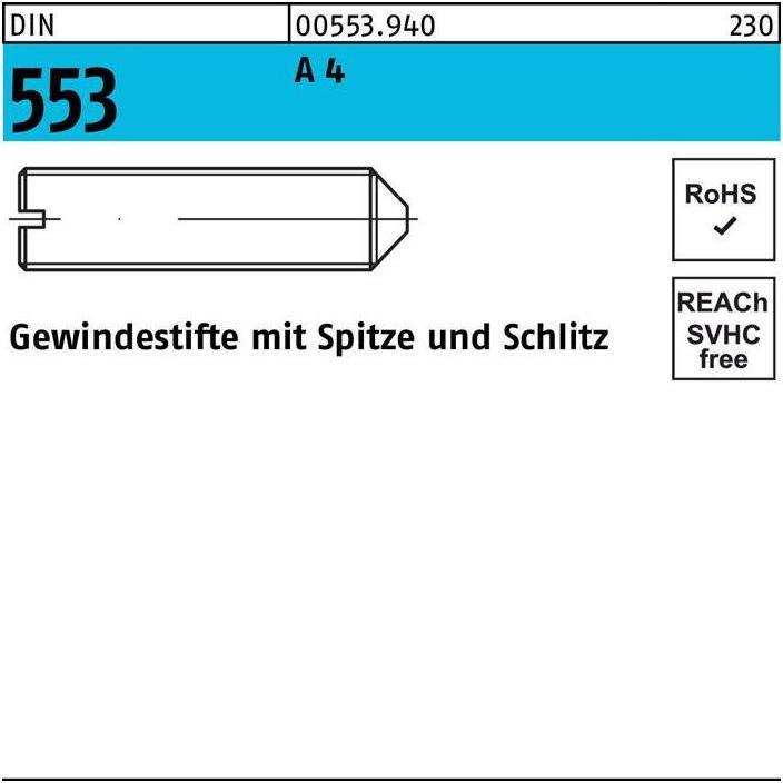 Thumbnail - Reyher, Schrauben, Gewindestift DIN 553 m.Schlitz/Spitze M 4 x 10 A 4 (50 Schrauben pro Stück)