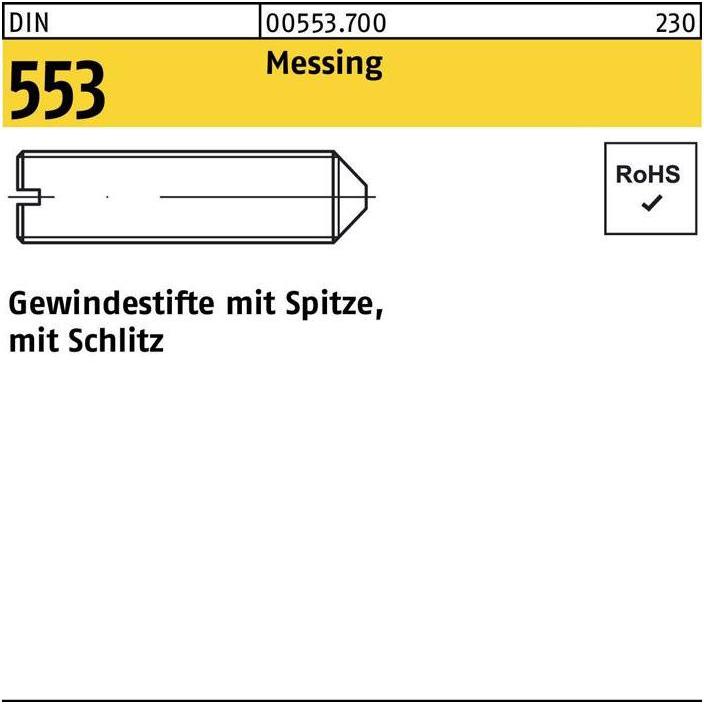 Thumbnail - Schrauben, Gewindestift DIN 553 m.Schlitz/Spitze M 4 x 6 Messing (100 Schrauben pro Stück)