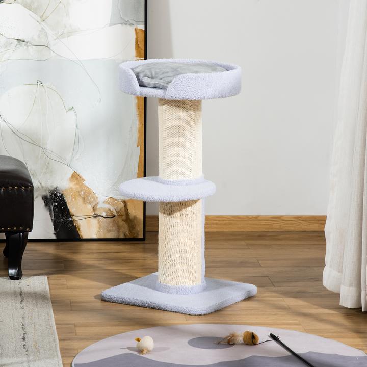 Produktbild PawHut Kratzbaum mit Plattform (91 cm, Hellgrau, Blau)