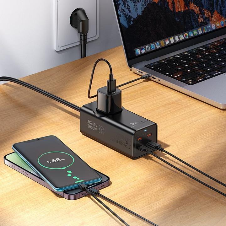 Produktbild Hoco Adapter extension cord 1 socket + USB A + 3 x Type C PD QC3.0 3A 67W NS9 2 m black (67 W)