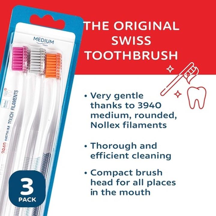 Actual product image Tello 3940 Adult Medium Swiss Toothbrush for Gentle Cleaning with Ergonomic Handle 3 Count - Pack of (Medium, 3 x)