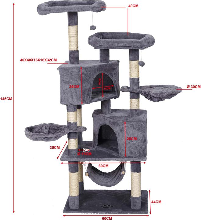 Actual product image Wiltec Cat Tree Light-grey with Paw-design 145cm Scratching Post with Hammocks, Cat Houses, & Play Ball (145 cm, Light grey)