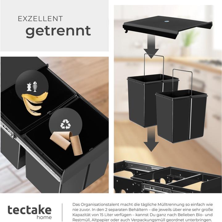 Produktbild tectake Abfallsammler Ashlyn, 2-fach Trennung, 30L, Teleskopschienen (30 l)