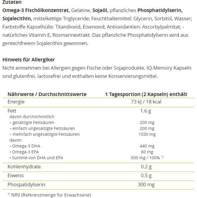 Valeurs nutritives et ingrédients Alpinamed Mémoire du QI (60 pièce(s), Capsules, 120 g)