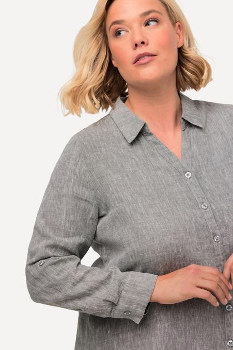 Actual product image Ulla Popken Roll-Tab Sleeve Button Front Linen Blouse (54, 56)