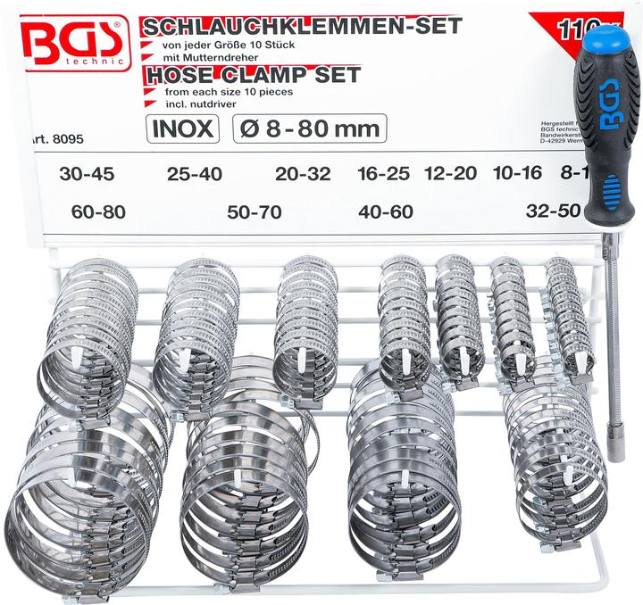 Actual product image BGS Hose Clamp Set | Stainless | on Display Board | 111 pcs. (Hose clamp)