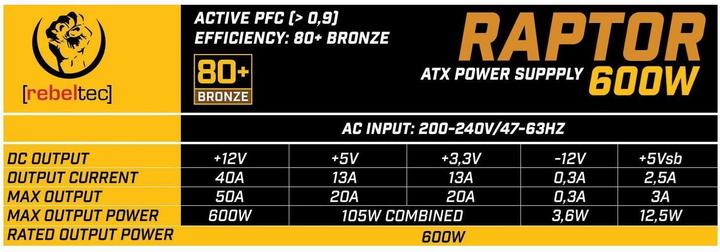 Produktbild Rebeltec ATX Netzteil RAPTOR 600W BRONZE 80+ Single Rail DC-DC (600 W)