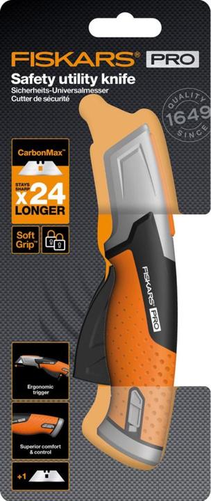 Produktbild Fiskars Pro Sicherheits-Universalmesser mit einziehbarer Klinge, Länge 17,7 cm, Rostfreier Stahl/Kun (Cutter)