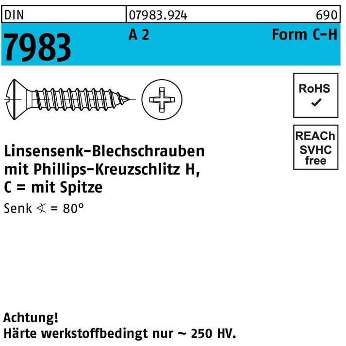 Schrauben, Linsensenkblechschraube DIN 7983 m.Kreuzschlitz-PH C 4,8 x 16 -H A 2 (500 Schrauben pro Stück)