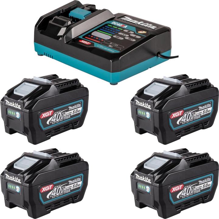 4x Makita BL 4050 F 40 V max. 5.0 Ah, 5000 mAh Li-Ion battery, 1x Makita DC 40 RA 40 V max. fast charger
