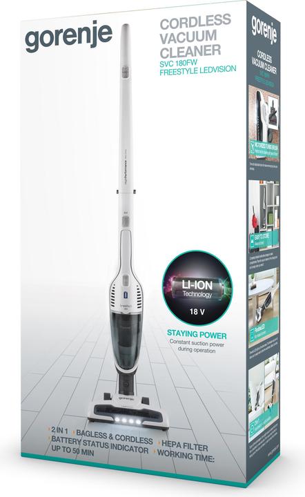 Actual product image Gorenje SVC180FW Vacuum cleaner, Handstick 2in1, Operating time 50 min, Dust container 0.6 L, Chargi