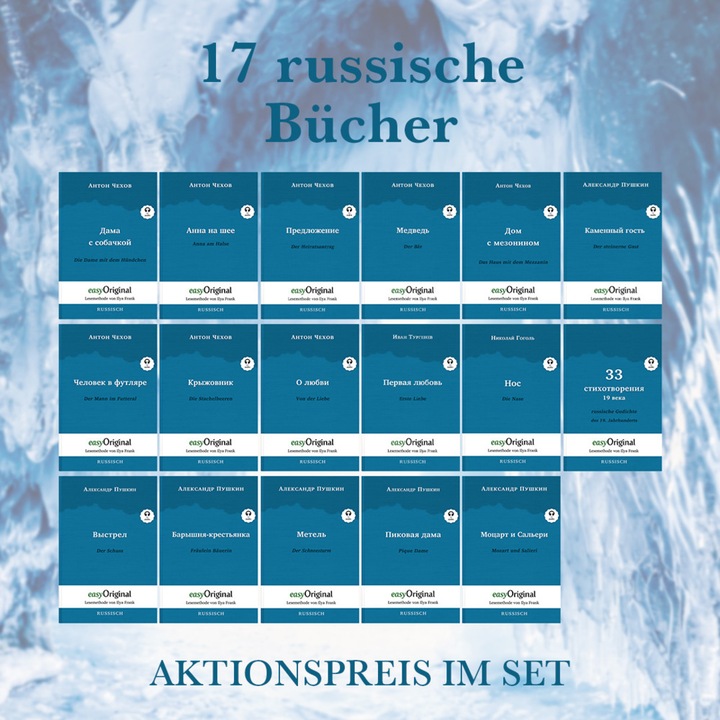Immagine prodotto 17 russische Bücher (Bücher + 17 Audio-CDs) - Lesemethode von Ilya Frank (Tedesco, Russo, Anton Pavlovich Cechov, Editore EasyOriginal, Alexander Pushkin, Ilya Franchi, Maximilian Schatz, 2023)