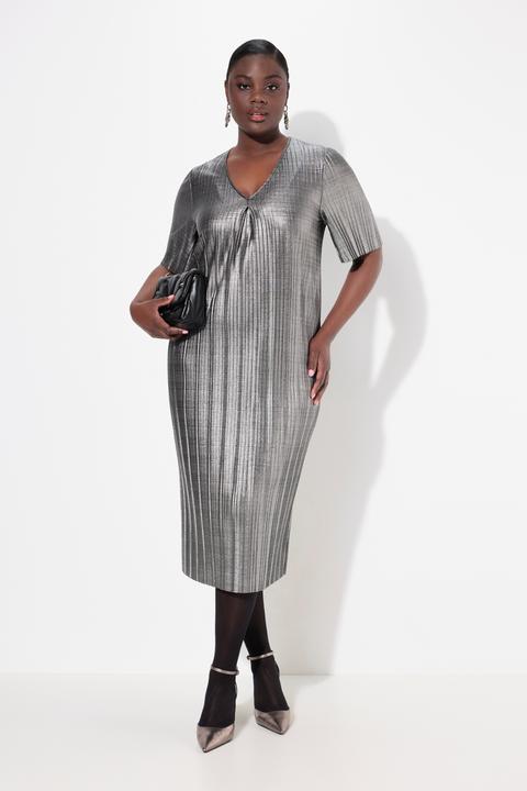 Produktbild Ulla Popken Midikleid, Silver-Plissee, A-Linie, V-Ausschnitt, Halbarm (56)