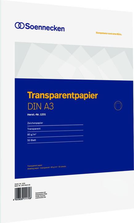 Produktbild Soennecken Transparentpapier Bogen Papierformat: DIN A3 Grammatur: 80 g/m² (A3, 50 Blätter, 80 g/m²)