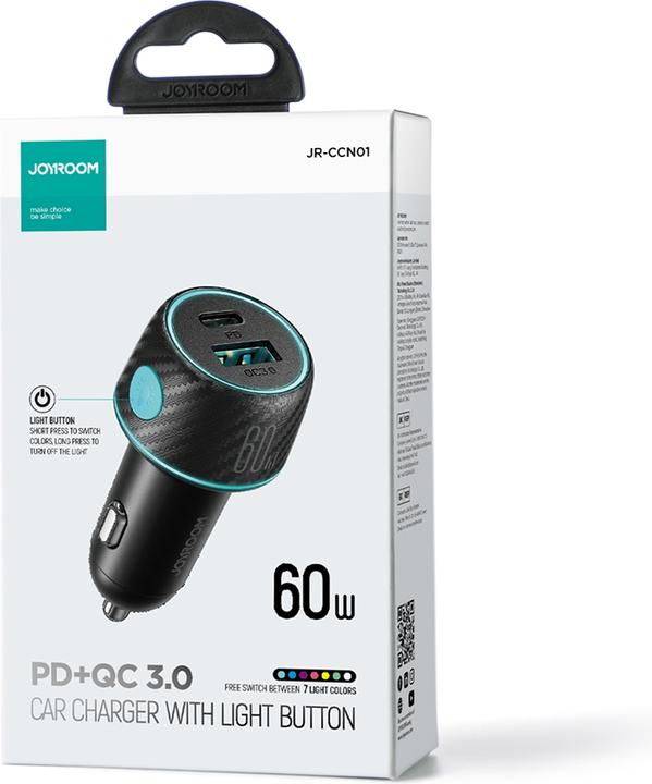 Image du produit Joyroom Chargeur de voiture multi-couleurs avec USB-A+USB-C 60W - Noir