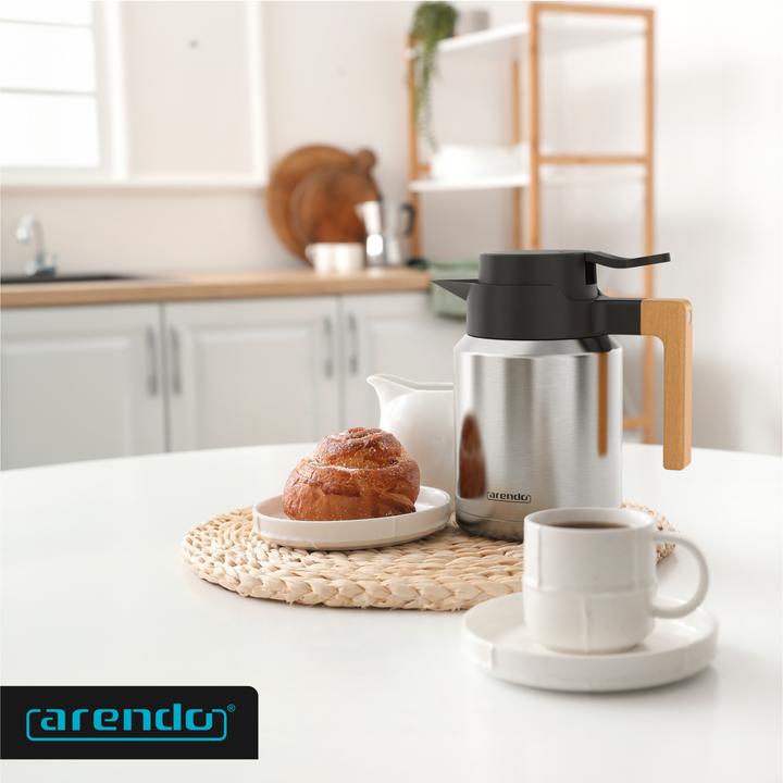 Immagine prodotto Arendo Isolierkanne 1,2 L, Thermoskanne Edelstahl mit Holzgriff, doppelwandig, auslaufsicher, 1200 ml (1.20 l)