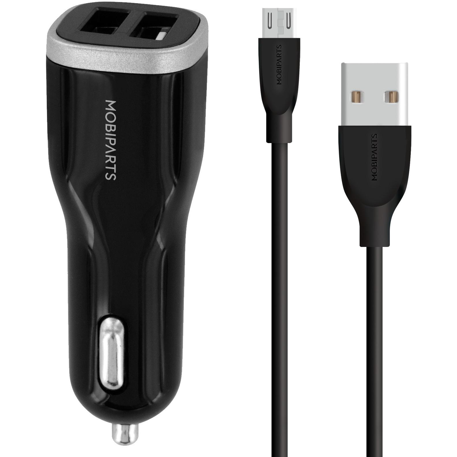 Mobiparts Car Charger Dual USB 12W/2.4A + Micro USB Cable Black, Adattatore per auto, Nero