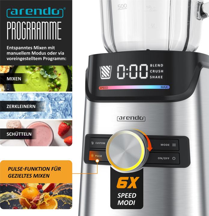 Produktbild Arendo Standmixer 1400W, Display, 6 Geschwindigkeiten, 1,7l, 3 Programme, Pulsfunktion, Sicherheitssperre (1400 W)