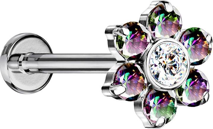 Image du produit Star Piercing Micro Threadless Labret argenté fleur cristaux sombre multicolore (sans laiton, Titane)
