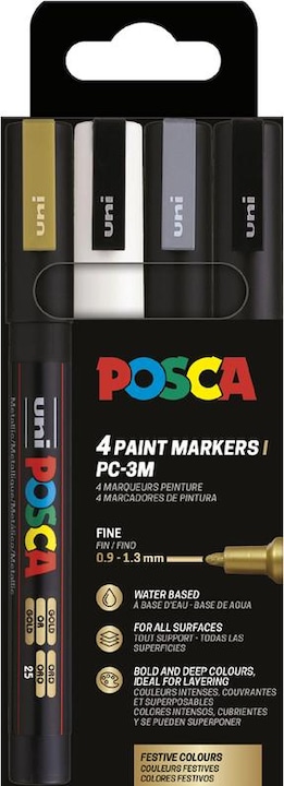 Produktbild Posca Marker PC-3M Rundspitze (Gold, Schwarz, Silber, Weiss, 1.30 mm, 4 x)