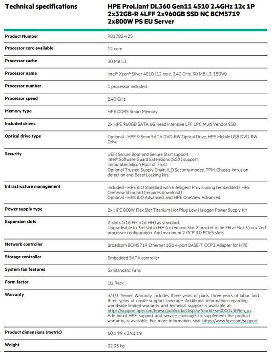 Nährwerte und Zutaten HP PROLIANT DL360 GEN11 (Intel Xeon Silver 4510, 64 GB, Rack Server)
