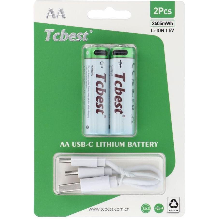 Tcbest bateria akumulatorowa R6 (AA) 650 mAh z gniazdem Typ C + kabel USB A do 2 x Typ C 2 szt (2 pz., AA / LR6 / LR06 / Mignon / R6 / R14505, 650 mAh