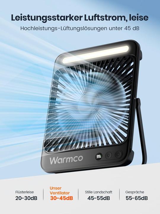 Produktbild Warmco Tragbarer Campingventilator mit LED-Licht (45 dB)