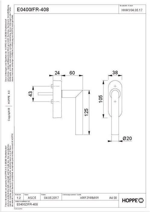 Actual product image Hoppe Window handle F69 20-30 mm
