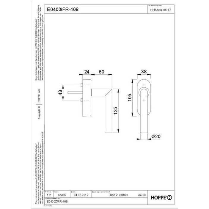 Thumbnail - Hoppe, Türgriff + Fenstergriff, Fenstergriff Amsterdam E0400/FR-408 Edelstahl matt 20-30 mm eFenstergriff (Fenstergriffe...
