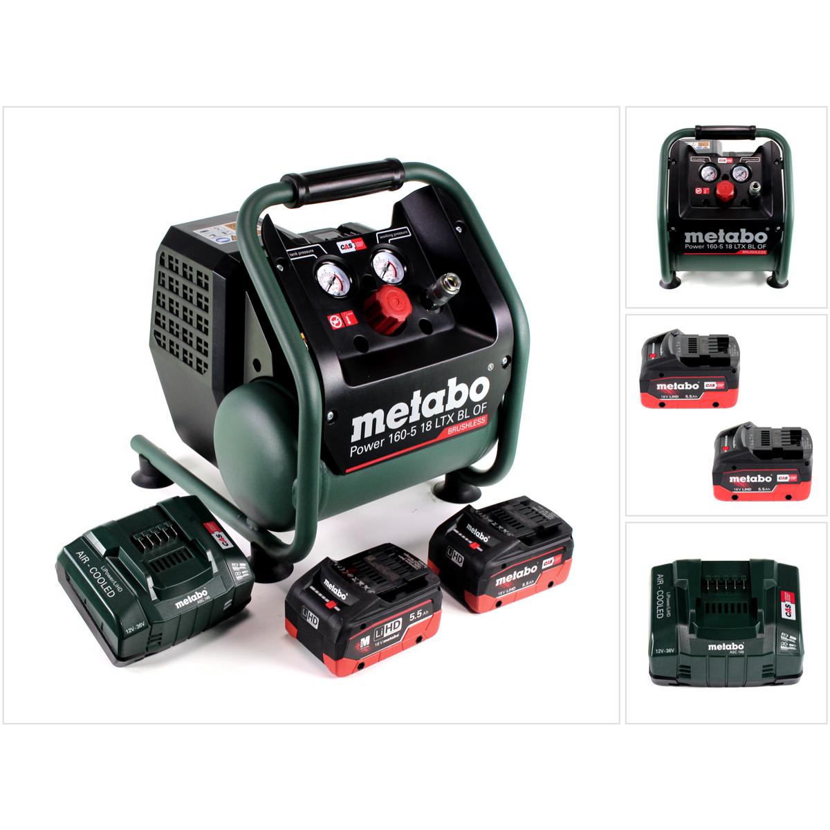 Thumbnail - Metabo, Kompressor, Power 160-5 18 LTX BL OF Akku Kompressor 18 V 8,0 bar Brushless + 2x LiHD Akkupack 5,5 Ah + (5 l)