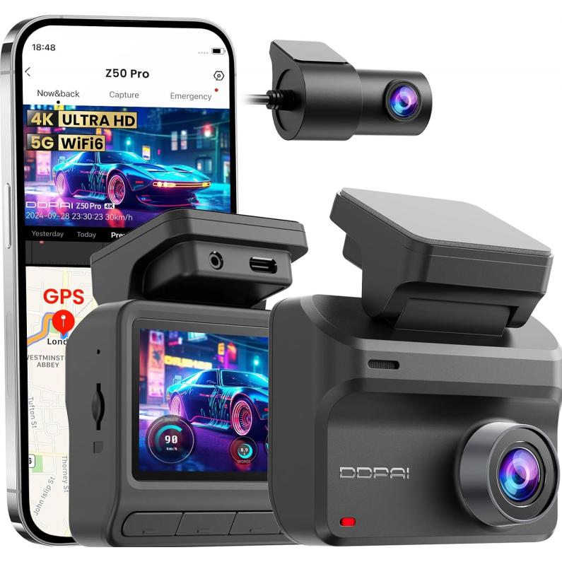 DDpai Dash + Rear Camera Z50 Pro Dual, 4K, Wi-Fi, GPS, 3inch LCD, Black, Dashcam, Nero