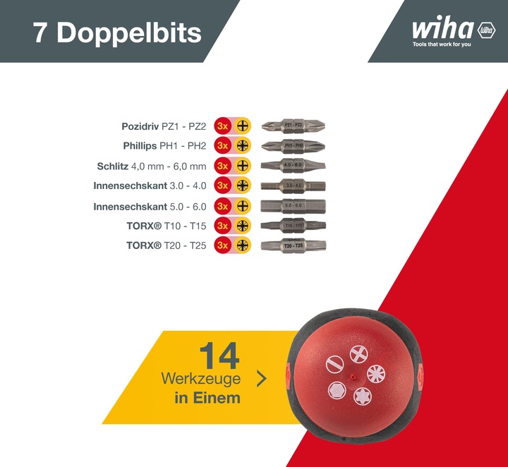 Productafbeelding Wiha Schroevendraaier met Bit Magazine Stubby (Schroeven met sleufkop, Inbus, Torx (TX), Kruisvormig PZ, Phillipps kruissleuf (PH))