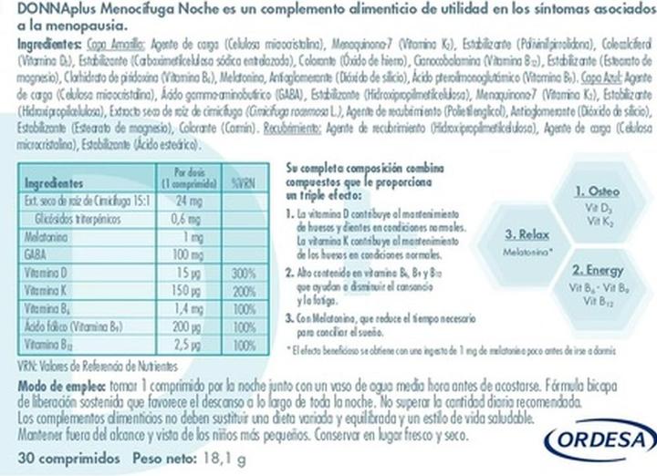 Nährwerte und Zutaten Ordesa Donna Plus+ Menocifuga Noche 30 Tabletten