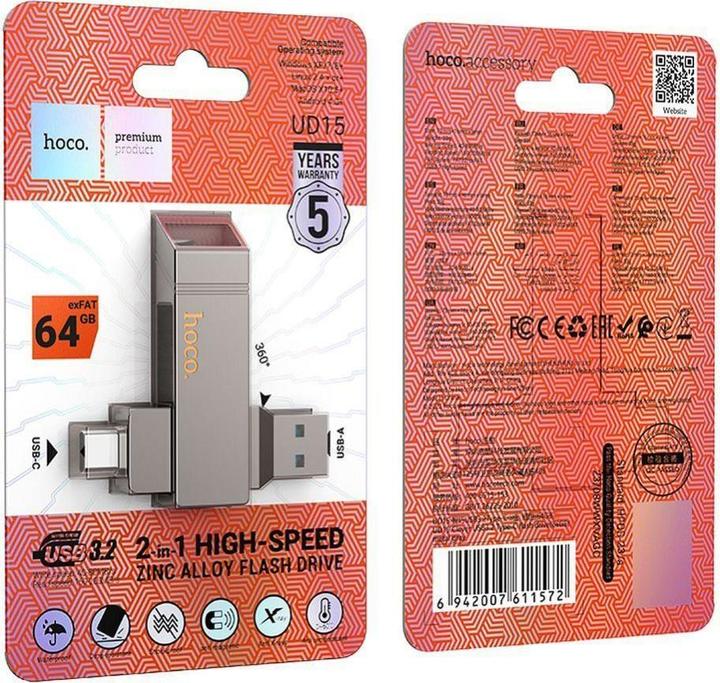 Image du produit Hoco Memory cards pendrive USB A + USB C UD15 64GB USB3.2 (64 Go, USB-A, USB-C)