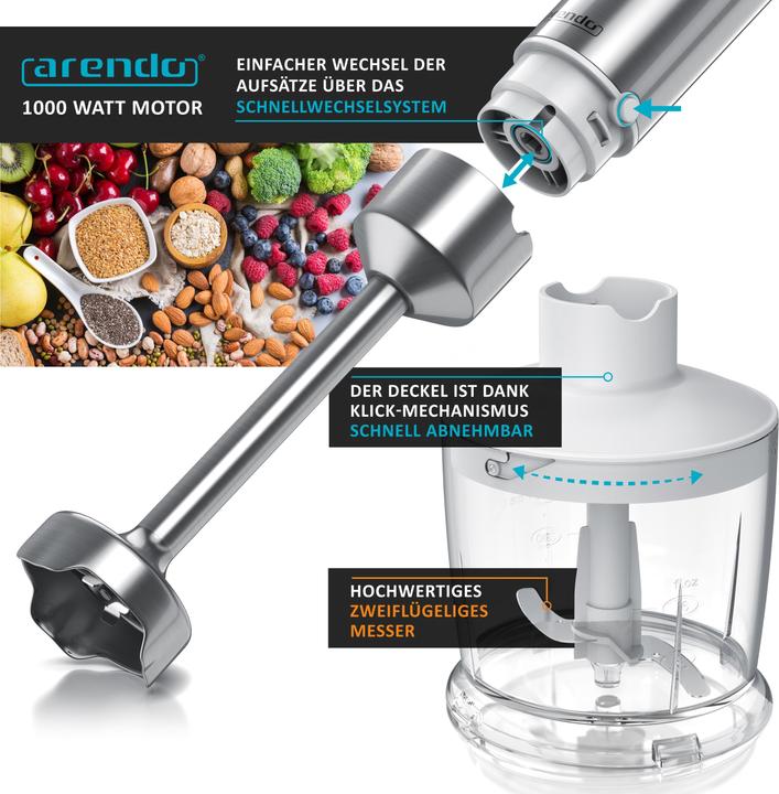 Actual product image Arendo Hand blender, stainless steel DC hand blender with chopper & measuring jug, four-bladed blade