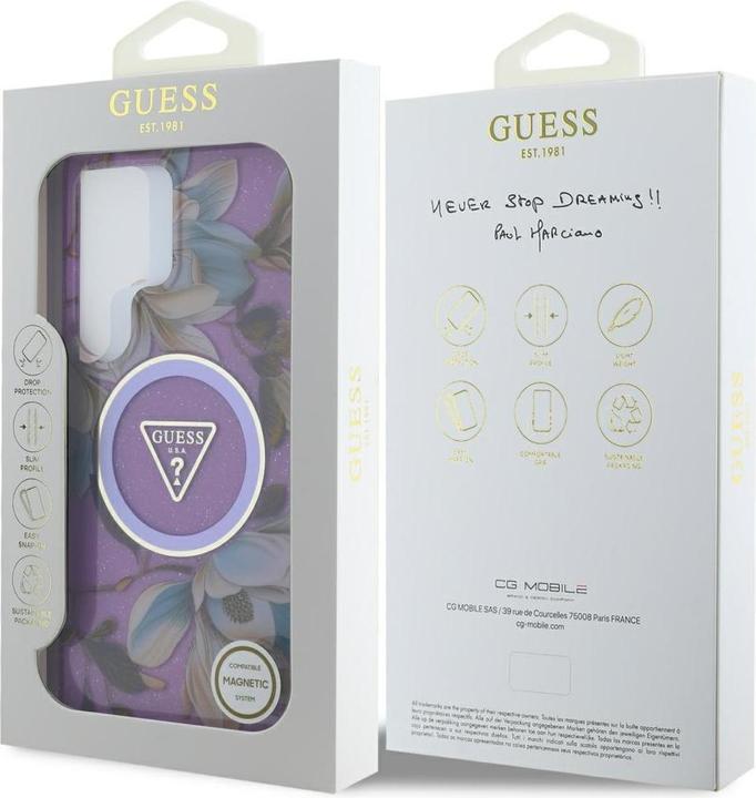 Immagine prodotto Guess Etui Glitter Flowers Triangle Buttons MagSafe do Samsung Galaxy S25 Ultra fioletowy (Samsung Galaxy S25 Ultra)