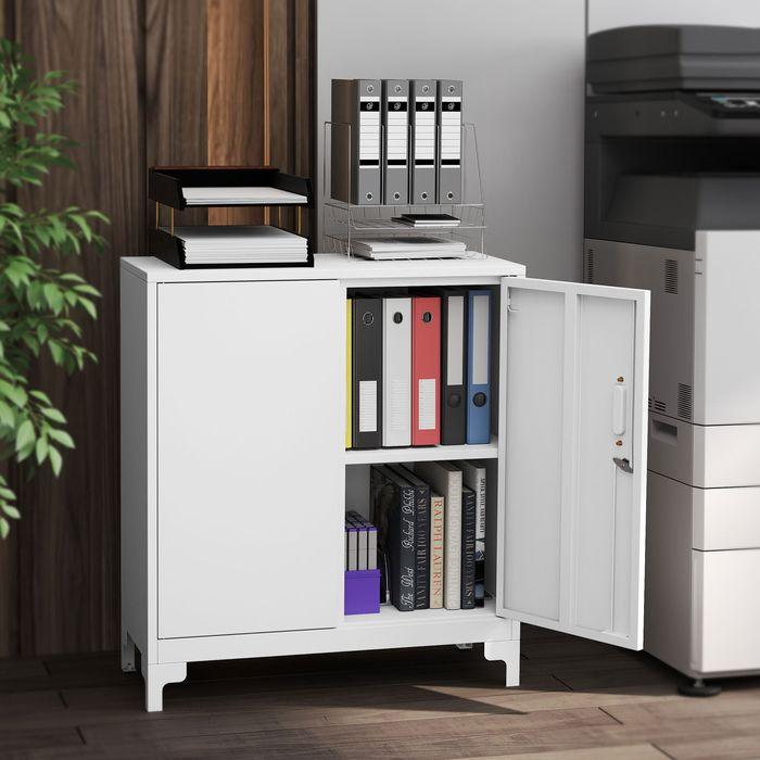Produktbild Swisshandel24 Büroschrank aus Metall, verschliessbare Türen, Bürokommode, 2-stufiges Design, Weiss (80 x 35 x 91 cm)