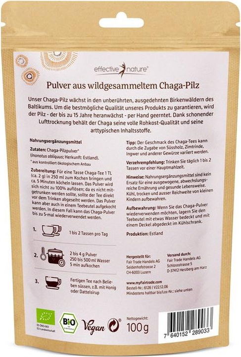 Valori nutrizionali e ingredienti Effective Nature Polvere di funghi chaga biologici da raccolta selvatica (1 Pezzo/i, Polvere, 100 g)