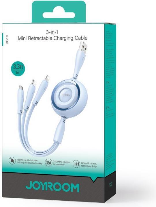Actual product image Joyroom S-A40 Colorful Series 3in1 retractable cable USB-A to USB-C / Lightning / microUSB 1m - blue (1 m)